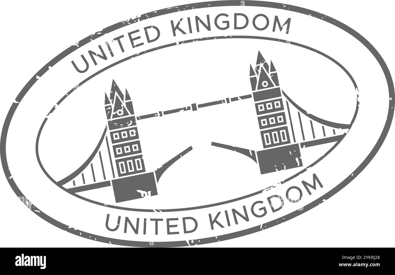 Grey oval passport stamp from the uk featuring tower bridge, perfect for travel designs evoking vacation vibes Stock Vector