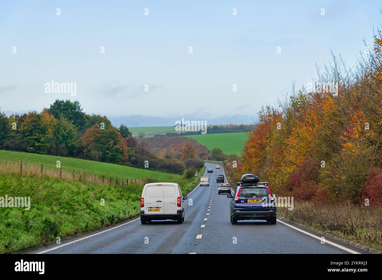 The A303 main road route to the West Country passing through the Wiltshire countryside on an autumnal day England UK Stock Photo