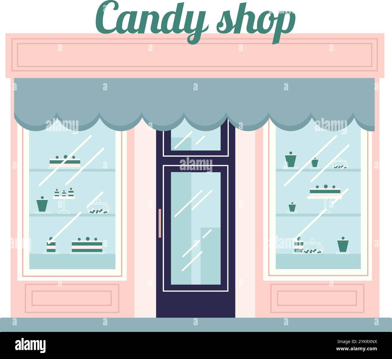 Stylish pink candy shop showcasing a variety of tempting cakes and pastries in its window display, inviting customers to indulge in sweet treats Stock Vector