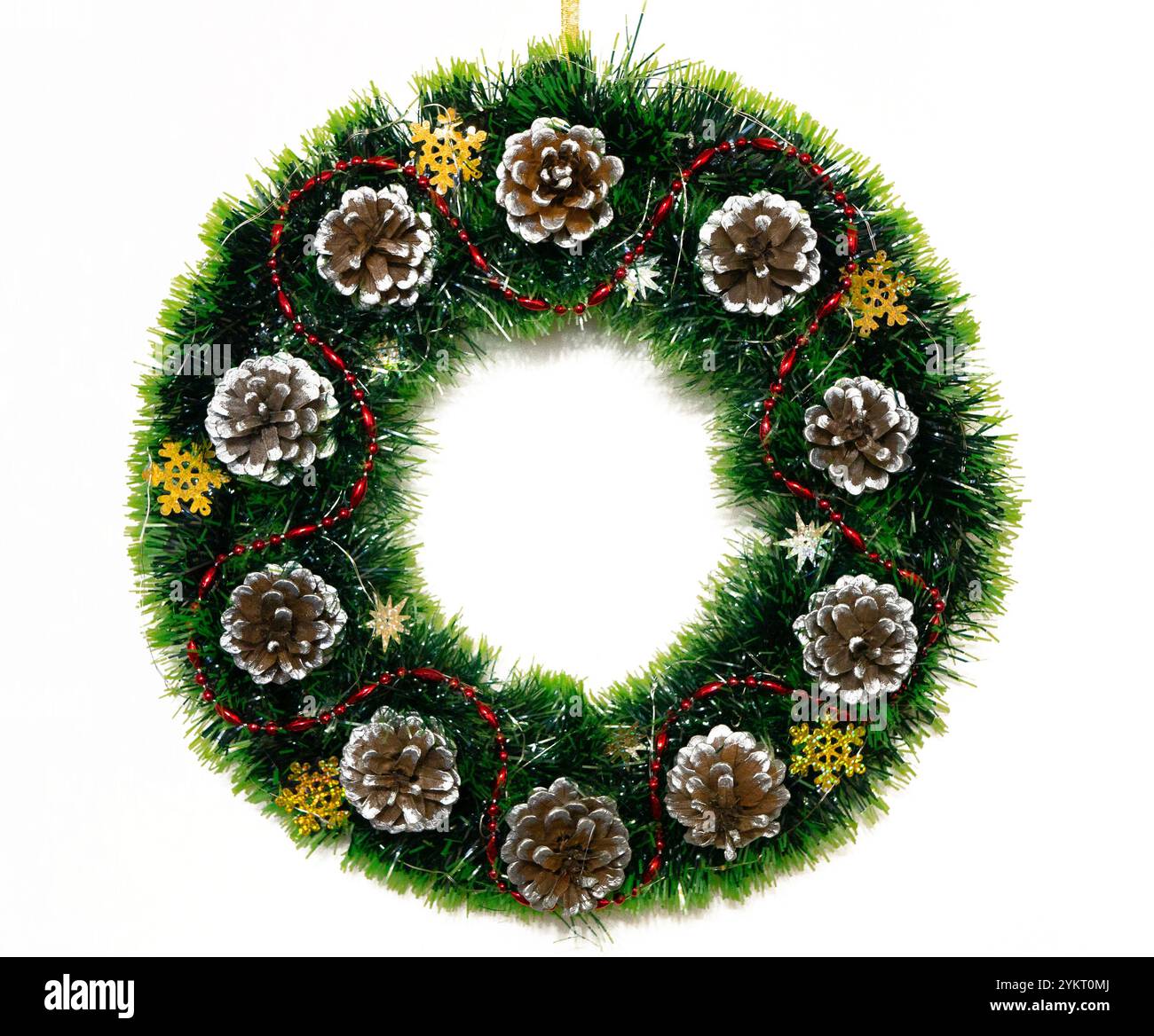Christmas wreath made of fir cones and snowflakes on white background ...