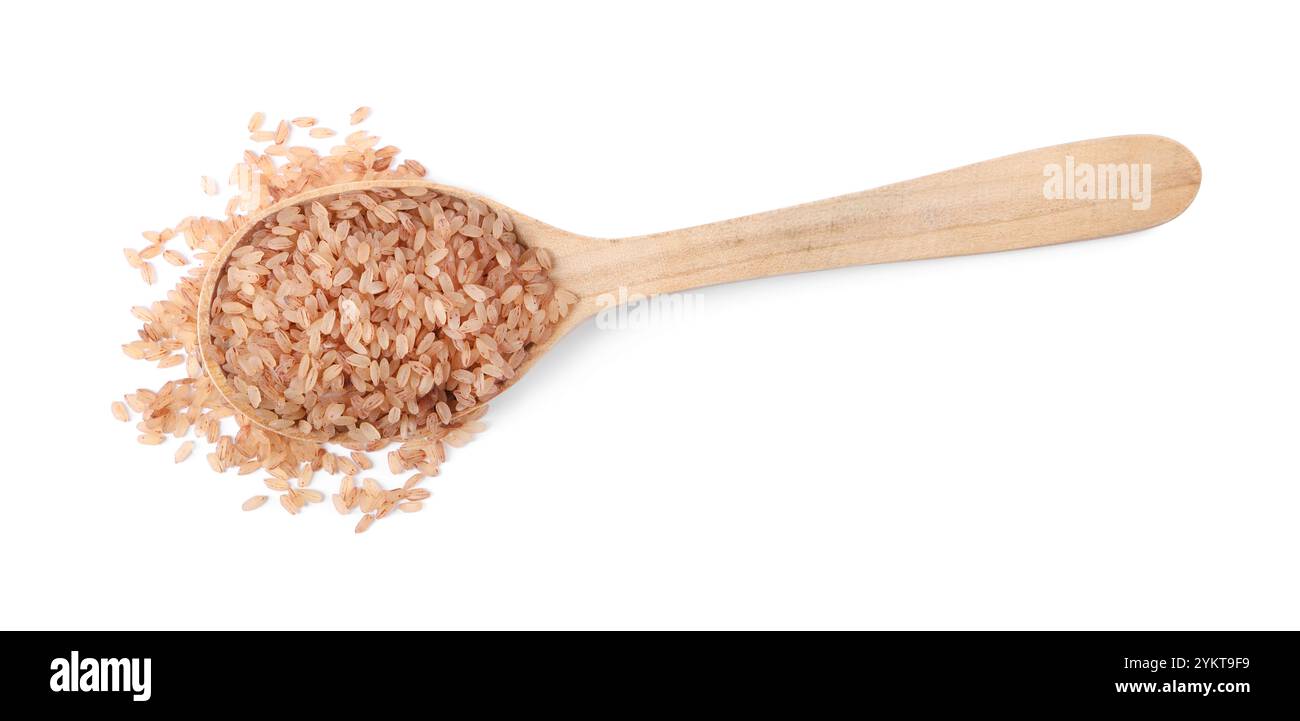 Raw organic matta rice in wooden spoon isolated on white, top view ...