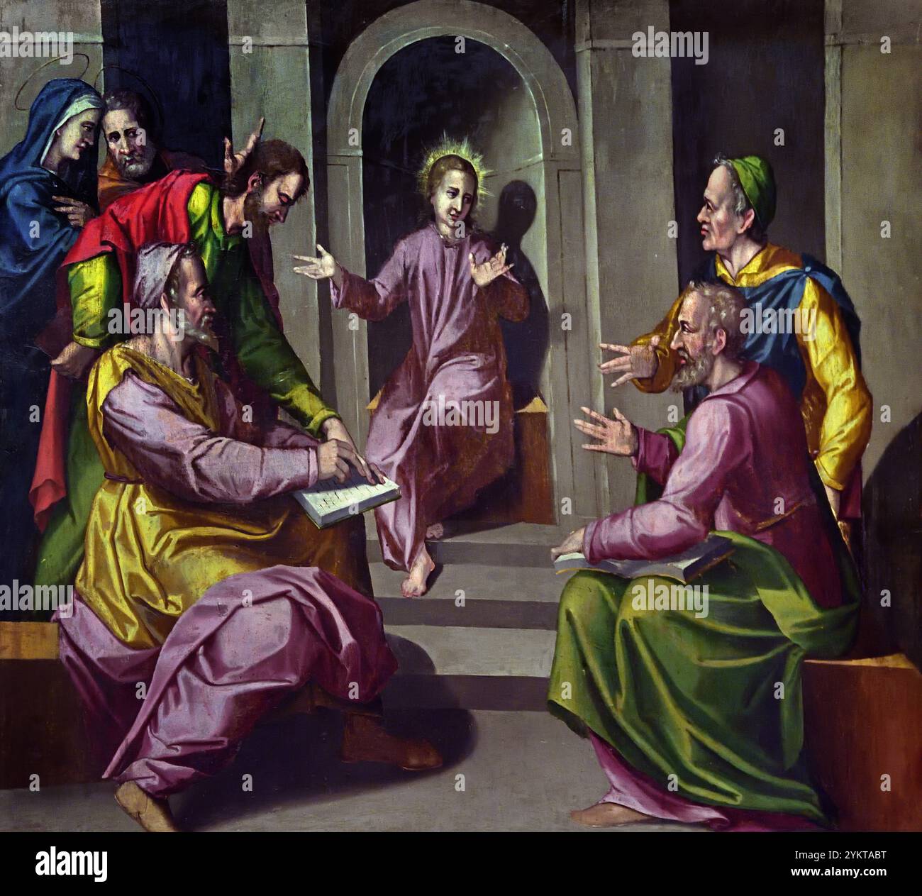 Jesus al Temple - Jesus to the Temple Retable of the mysteries of the Rosary. by Joan Sanxes Galindo  1550-1600 16 century, Girona Fine Art Museum, Spain, Spanish, ( The boy Jesus debating with priests and teachers in the temple ) Stock Photo