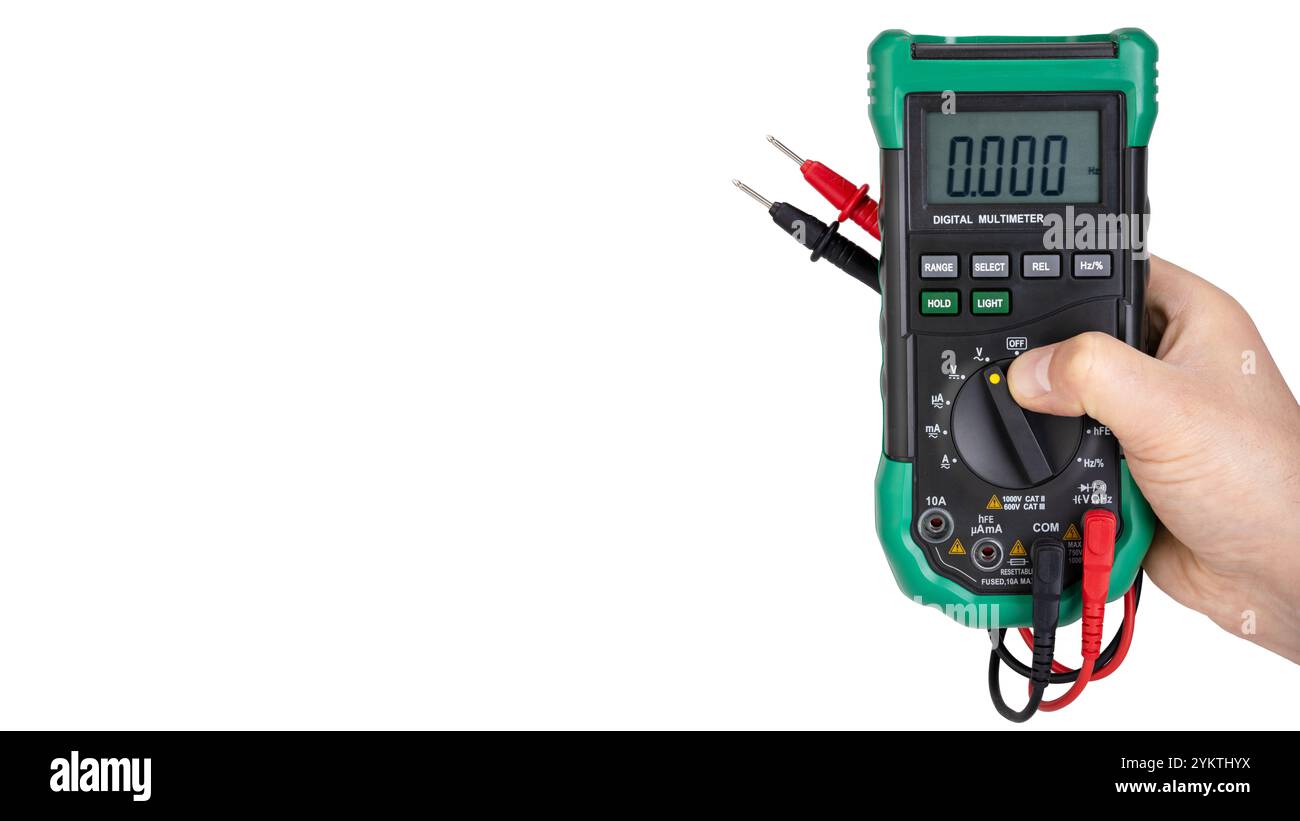 Hand Holding Digital Multimeter with Probes Stock Photo - Alamy