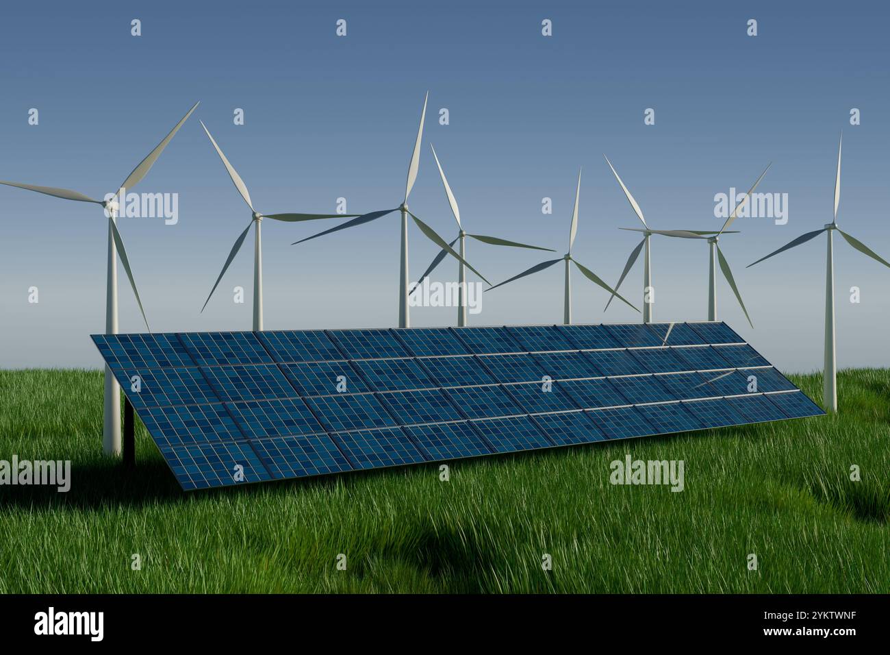 Renewable energy sources with solar panels and wind turbines in a green ...