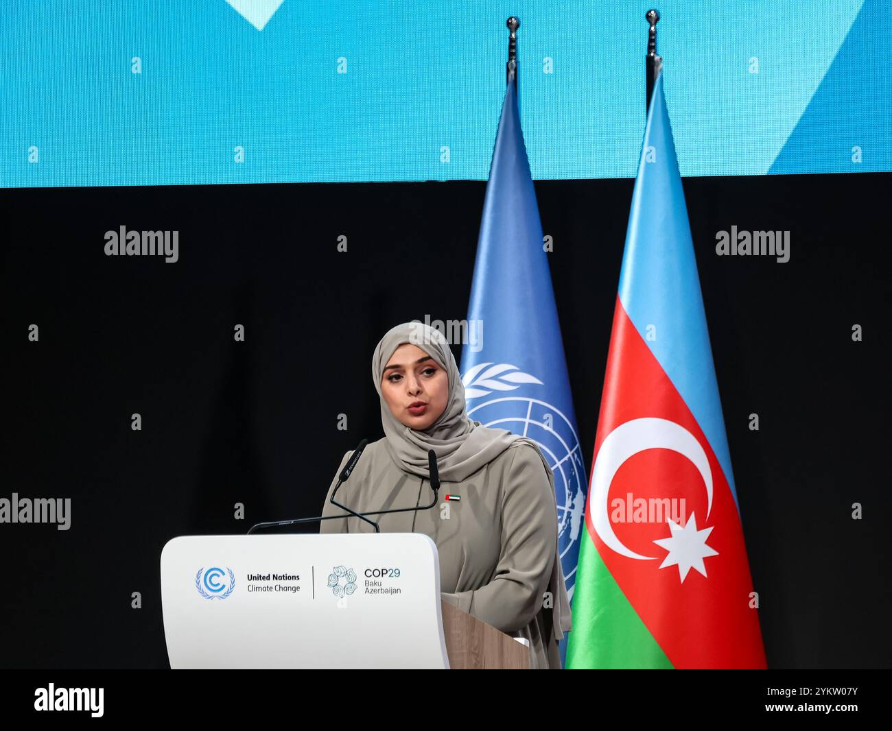Baku, Azerbaijan. 19th Nov, 2024. Amna bint Abdullah Al Dahak AlShamsi, Minister of Climate Change andEnvironment of the United Arab Emirates gives a national statement during Resumed High-Level Segment in Nizami Plenary Room in Blue Zone during United Nations Climate Change Conference COP29, an event held by United Nations Framework Convention on Climate Change (UNFCCC) in Baku Olympic Stadium. COP29, running from November 11-22 focuses on carbon offset clean energy finding. Credit: SOPA Images Limited/Alamy Live News Stock Photo