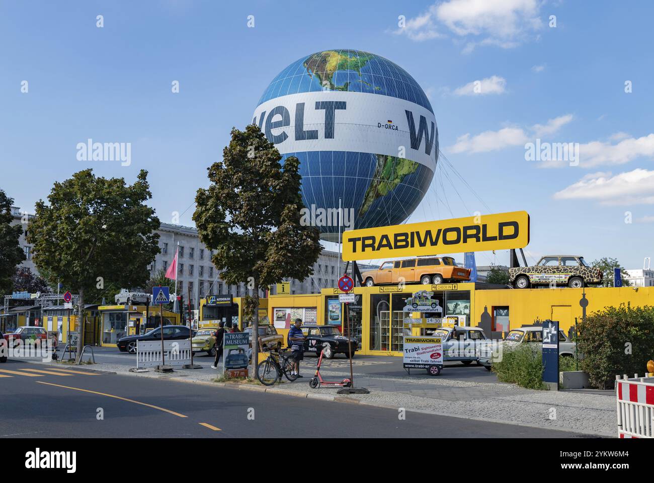 A picture of the TrabiWorld Berlin and the Welt Balloon Stock Photo