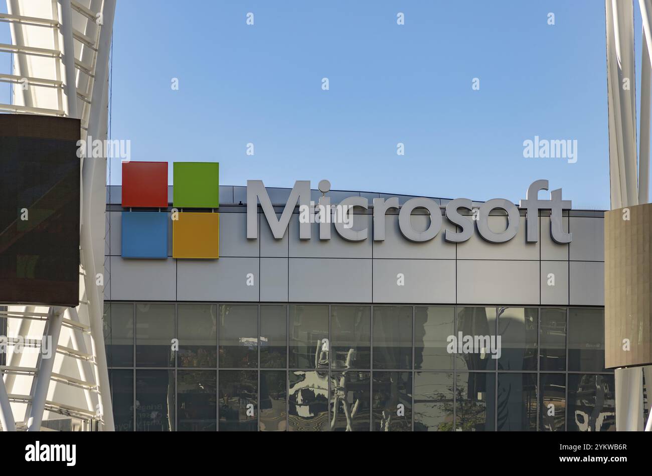 A picture of the Microsoft sign on the facade of the Microsoft Theater Stock Photo