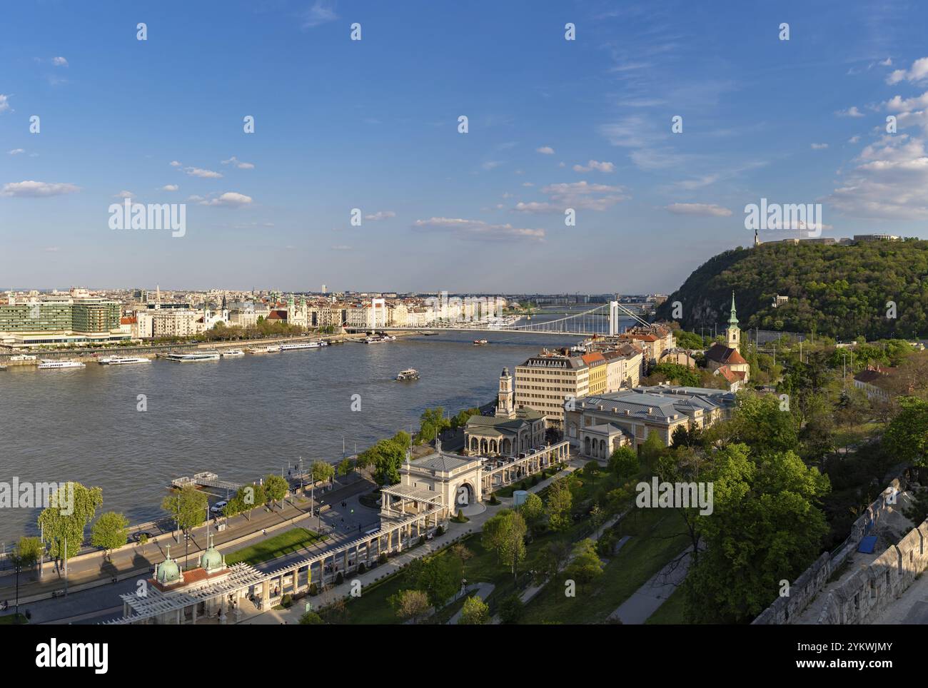 A picture of many Budapest landmarks, such as the Elisabeth Bridge, the St. Catherine of Alexandria Church, the Liberty Statue and the Varkert Bazar c Stock Photo