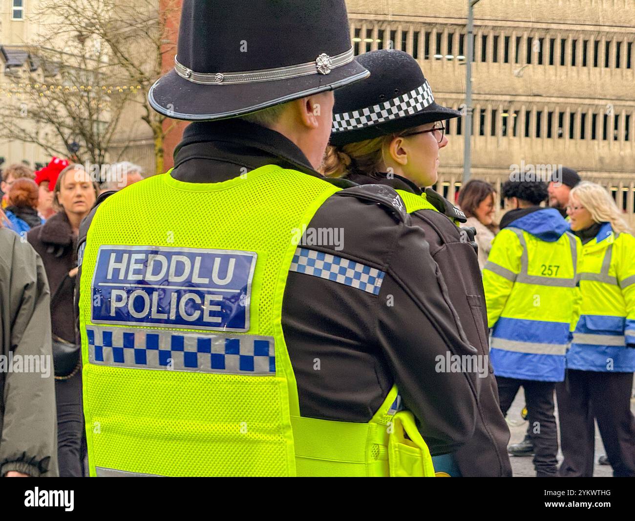 Cardiff, Wales, UK - 17 November 2024: Rear view of police officers of the South Pales Police force on duty in Cardiff city centre - Smartphone Captured Stock Image
