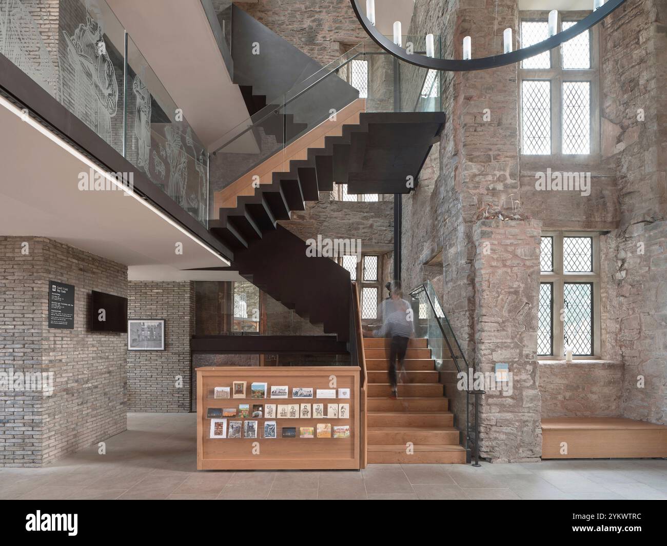 Modern main hall with stairway. Hay Castle, Hay-on-Wye, United Kingdom ...