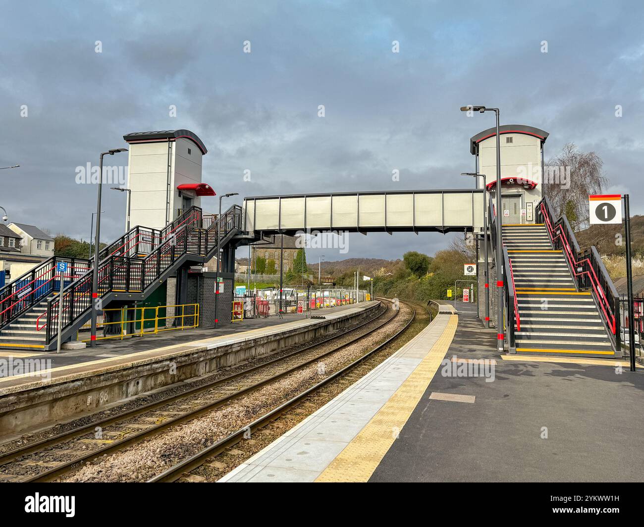 Treforest, Pontypridd, Wales - 17 November 2024: New footbridge and elevators installed by Transport for Wales in Treforest railway station - Smartphone Captured Stock Image