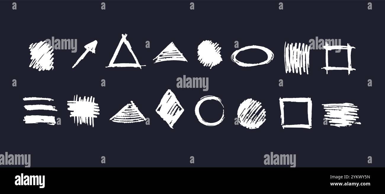 Grungy scribbles, geometric form set. Hand drawn texture line on black background. Vector illustration Stock Vector