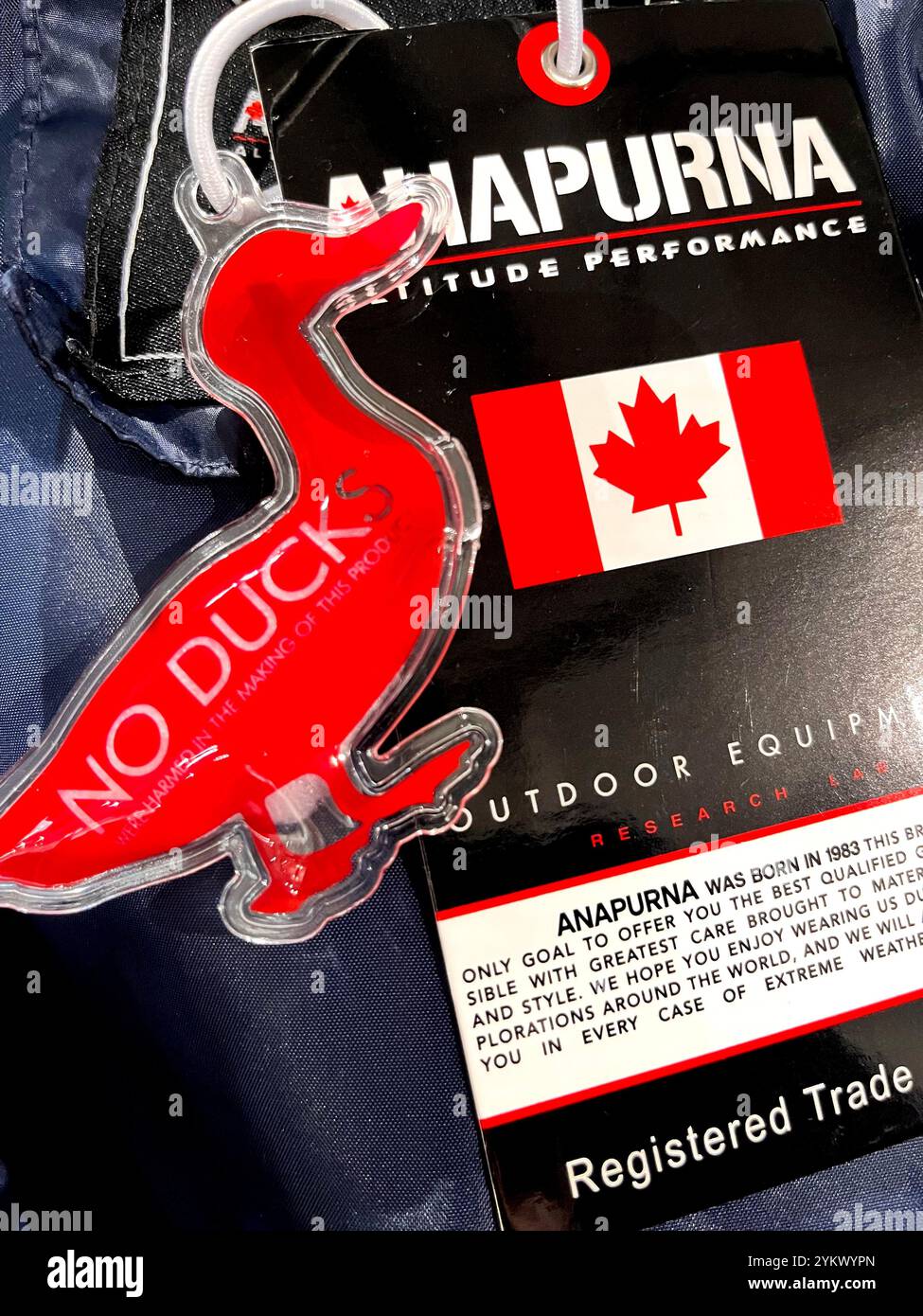Anapurna jacket, no ducks label, animal friendly, Canada flag, jacket label, no ducks tag, label, tag, clothing, apparel, garment, animal free jacket - Smartphone Captured Stock Image