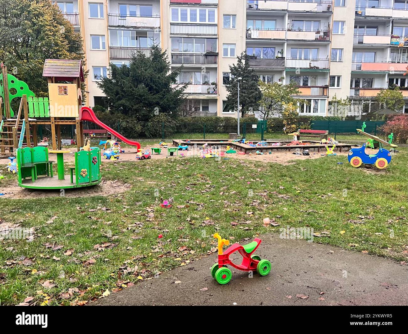 Gdansk Wrzeszcz, backyard playground, playground, toys, residential, neighborhood, community, communal, local, Gdansk, Pomerania, Poland, Europe, EU - Smartphone Captured Stock Image