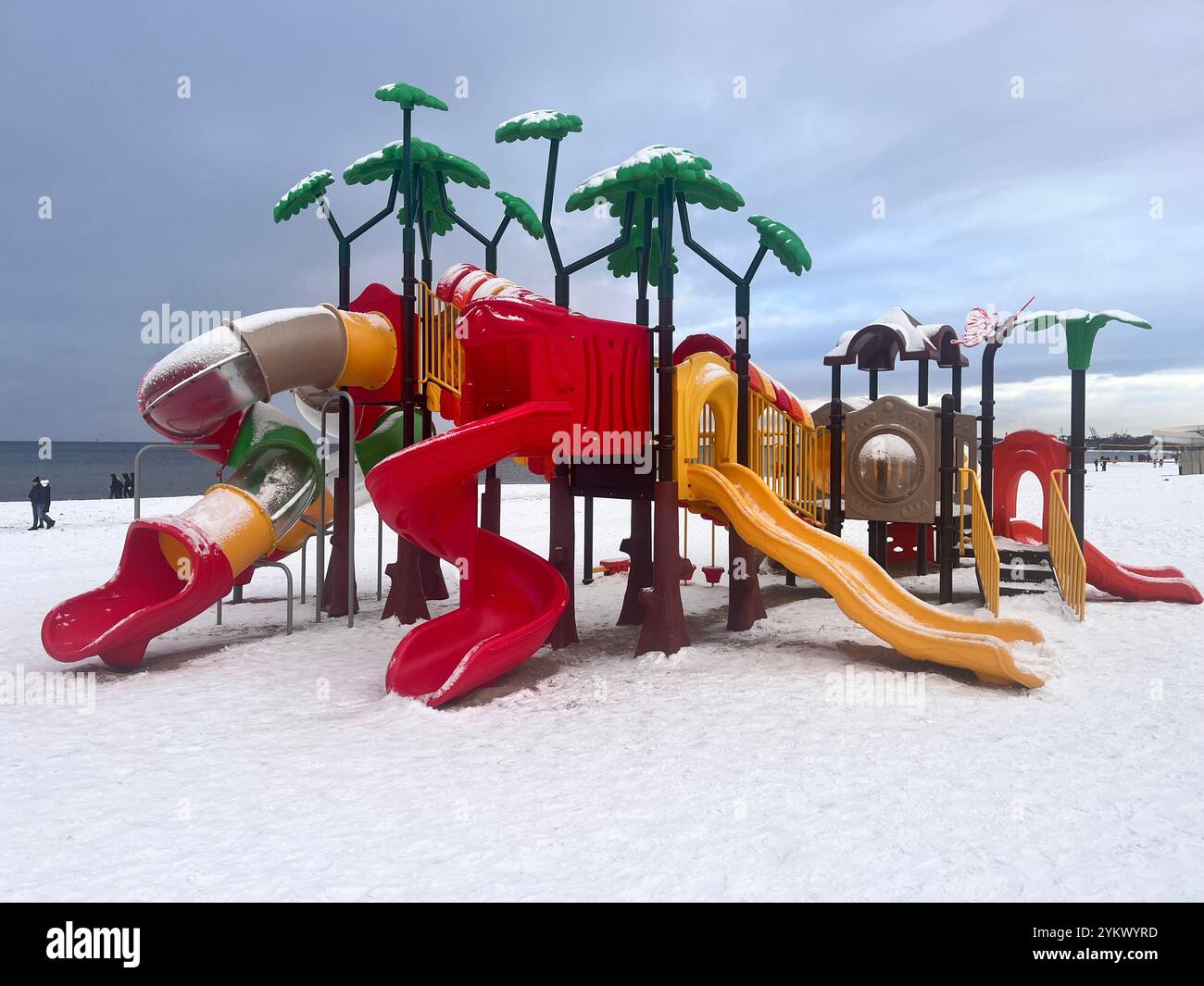 Colorful playground slides at Gdansk Beach, Baltic Sea, Pomerania, Poland, Europe, EU - Smartphone Captured Stock Image