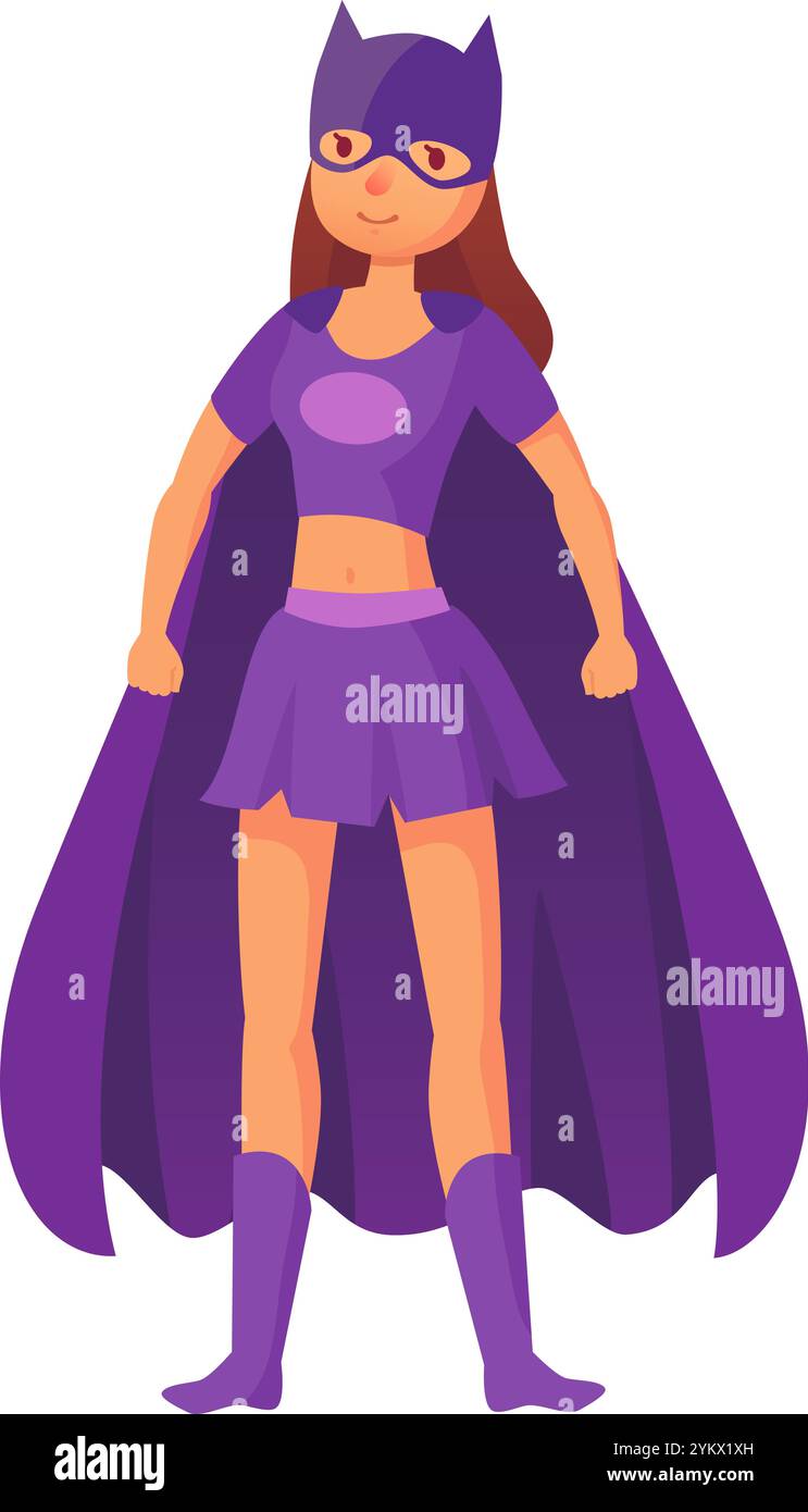 Superhero woman with long brown hair wearing purple costume and mask standing with clenched fists, isolated vector illustration on white background Stock Vector