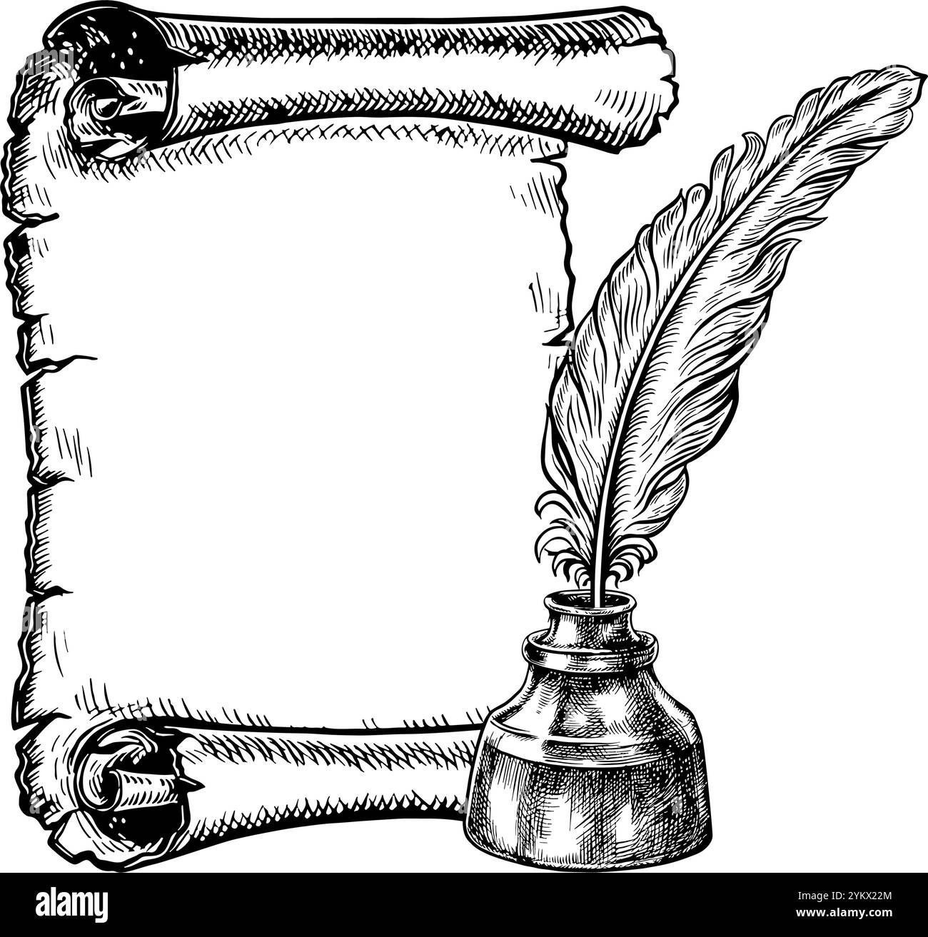 An antique paper scroll and an inkwell with a pen. Vector black and ...