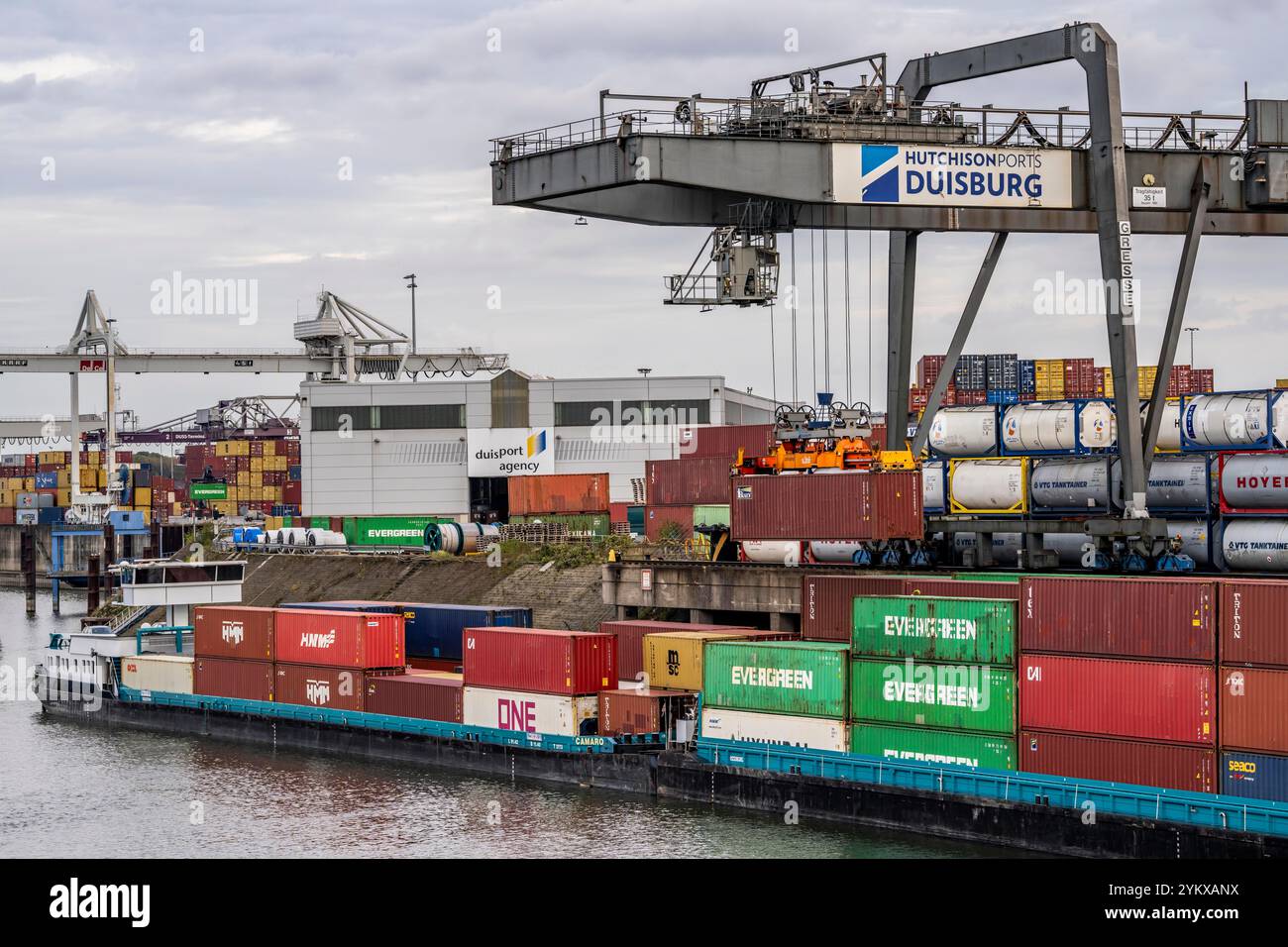 Port of Duisburg Ruhrort, Container freighter being loaded and unloaded ...