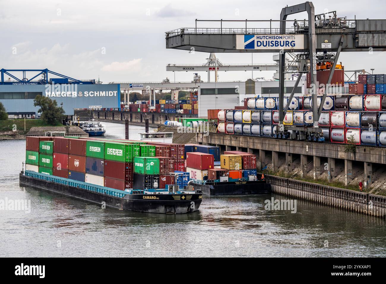 Port of Duisburg Ruhrort, Container freighter being loaded and unloaded ...