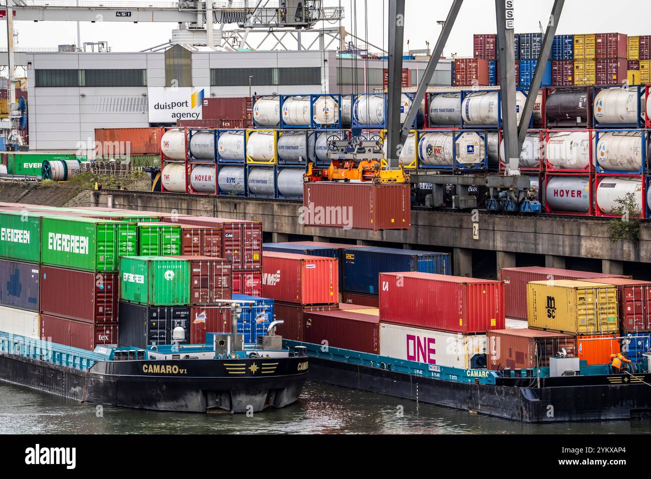 Port of Duisburg Ruhrort, Container freighter being loaded and unloaded ...