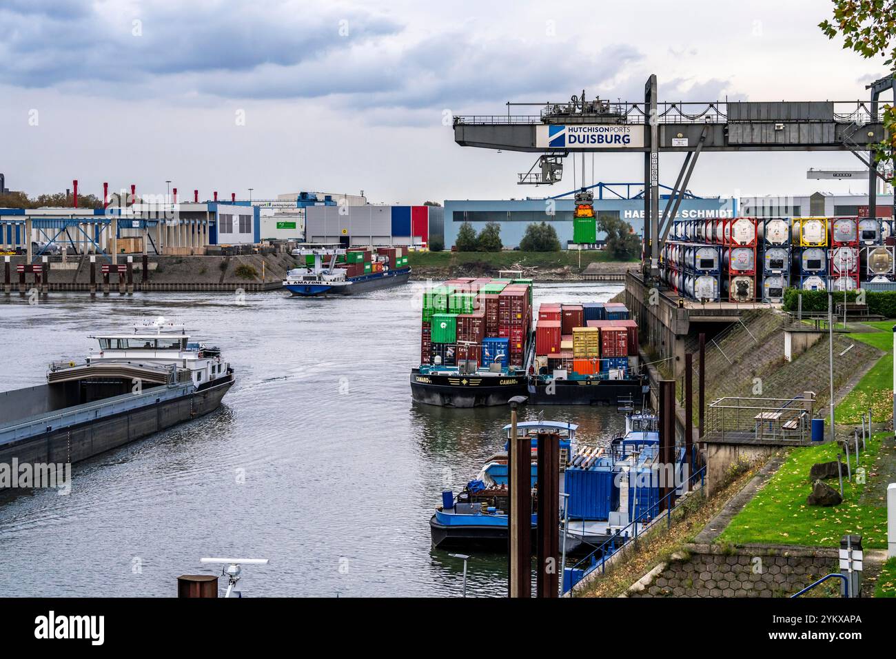 Port of Duisburg Ruhrort, Container freighter being loaded and unloaded ...