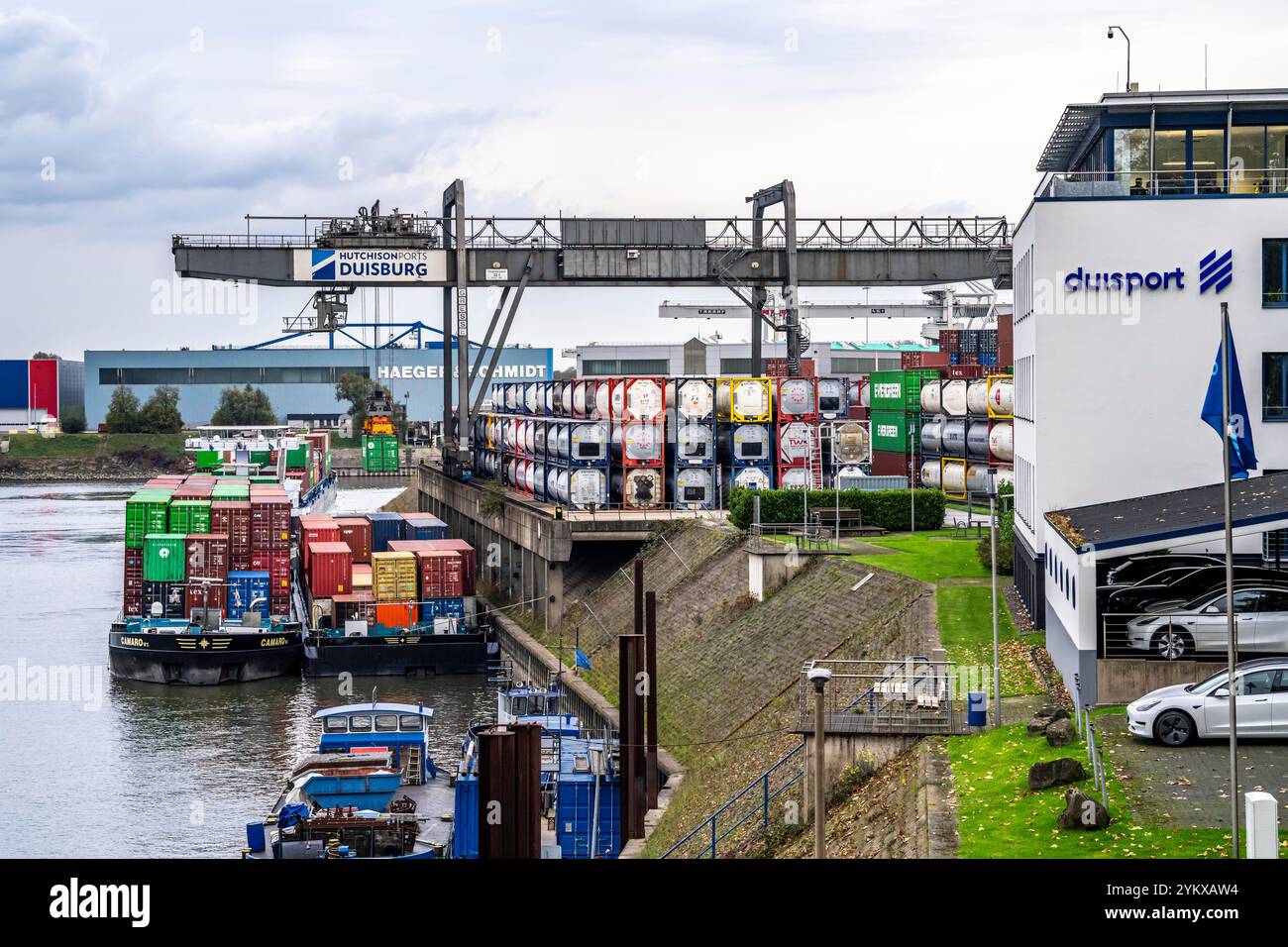 Port of Duisburg Ruhrort, container freighter being loaded and unloaded ...