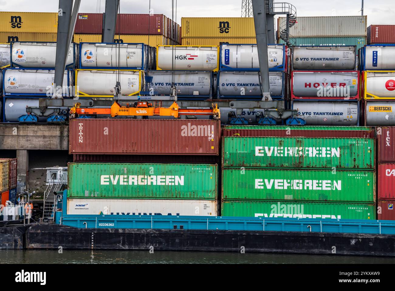 Port of Duisburg Ruhrort, Container freighter being loaded and unloaded ...