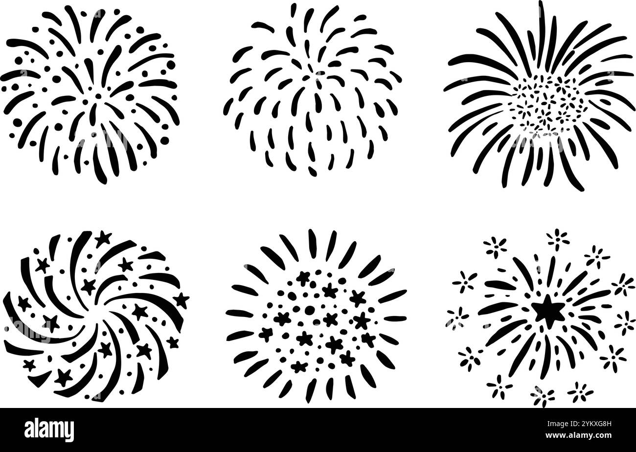 Set of hand drawn fireworks, sunbursts. Isolated black vector objects ...