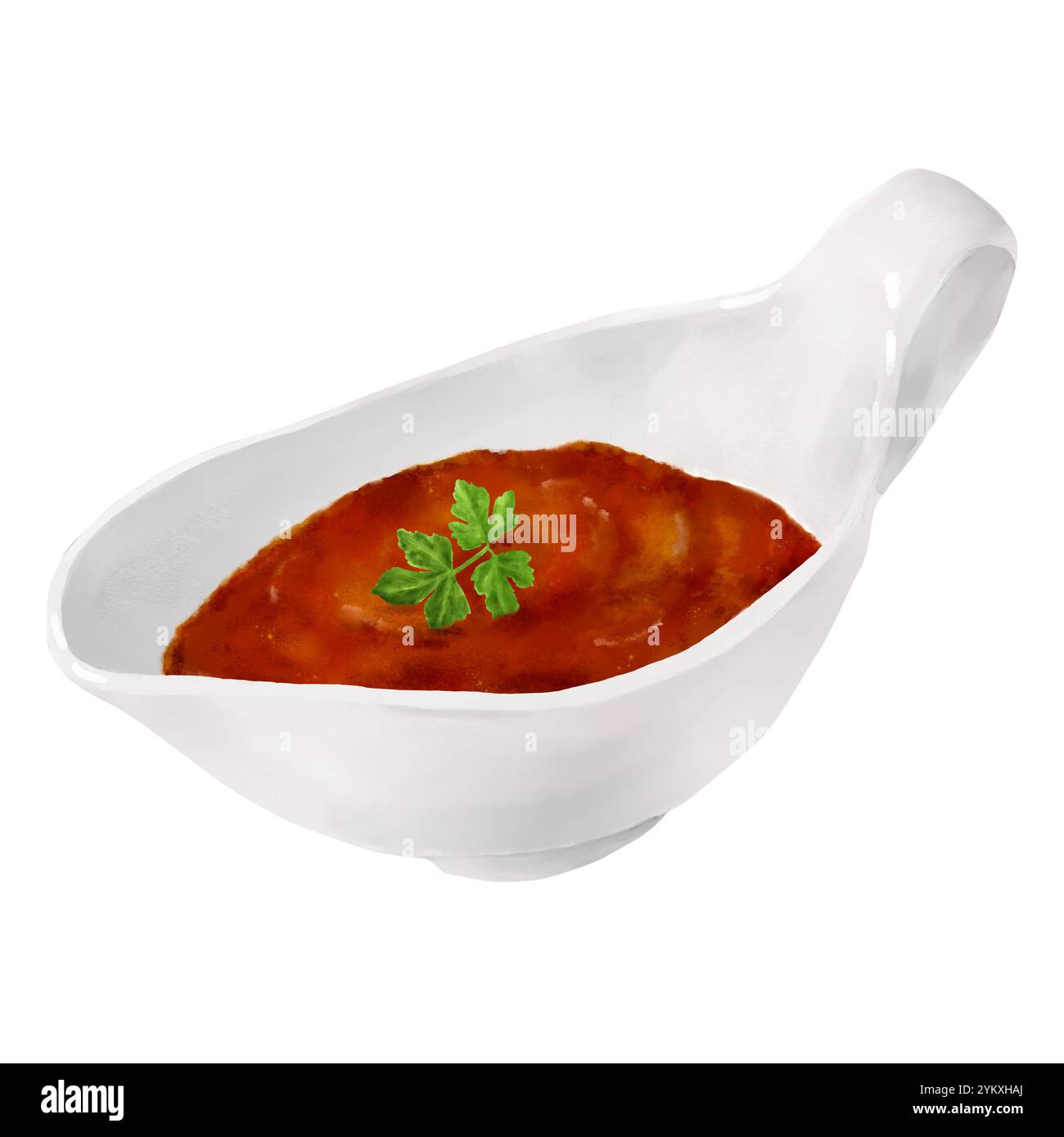 Porcelain gravy boat with tomato hot sauce. Watercolor digital illustration. Green parsley leaves in hot sauce isolated on white background. Bowl of k Stock Photo