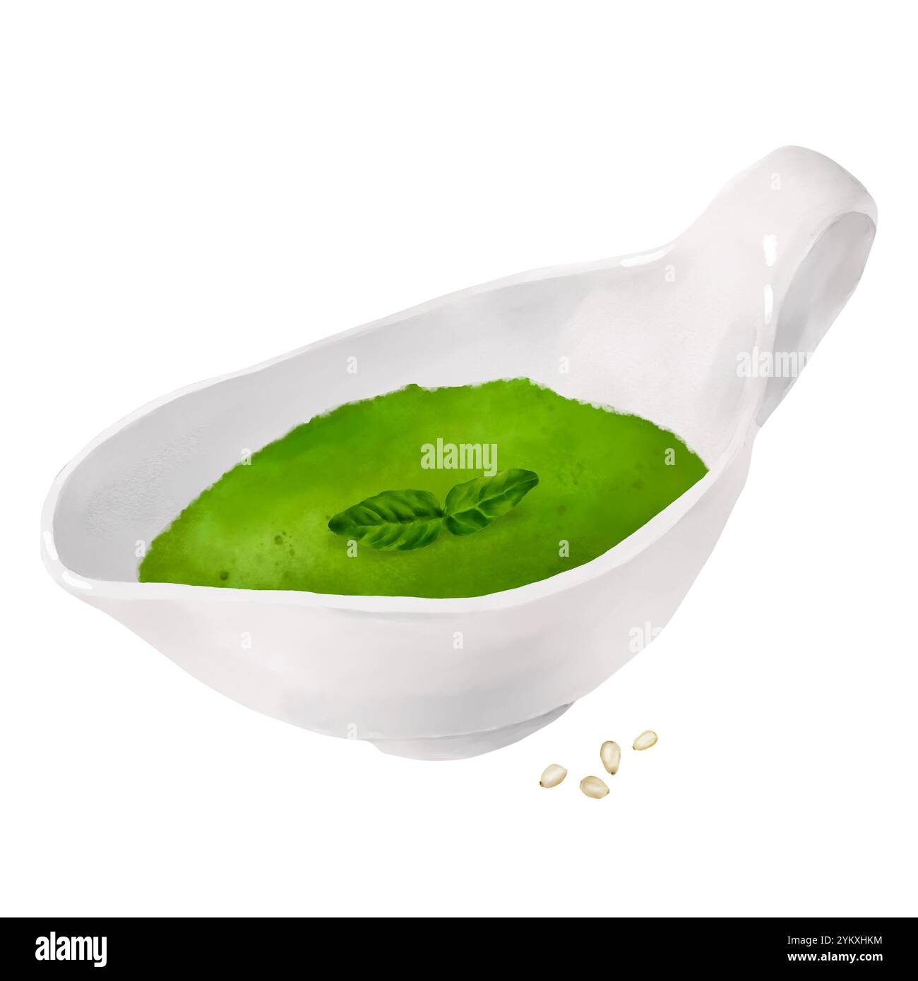 Porcelain sauceboat with green pesto sauce. Watercolor digital illustration. Basil leaves and sesame seeds, hot sauce isolated on white background. Gr Stock Photo