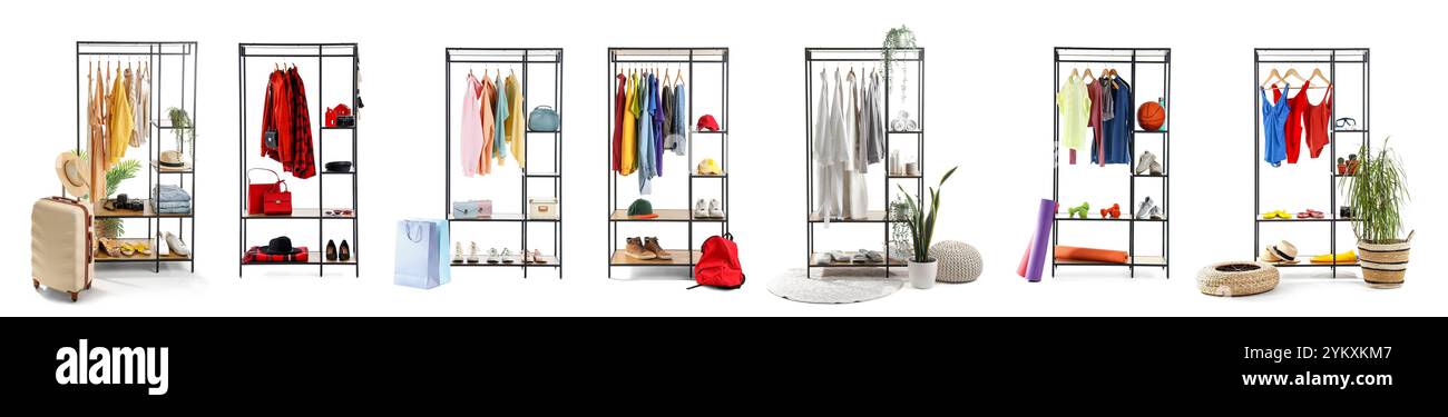 Collage of clothes racks with different clothes and accessories on ...