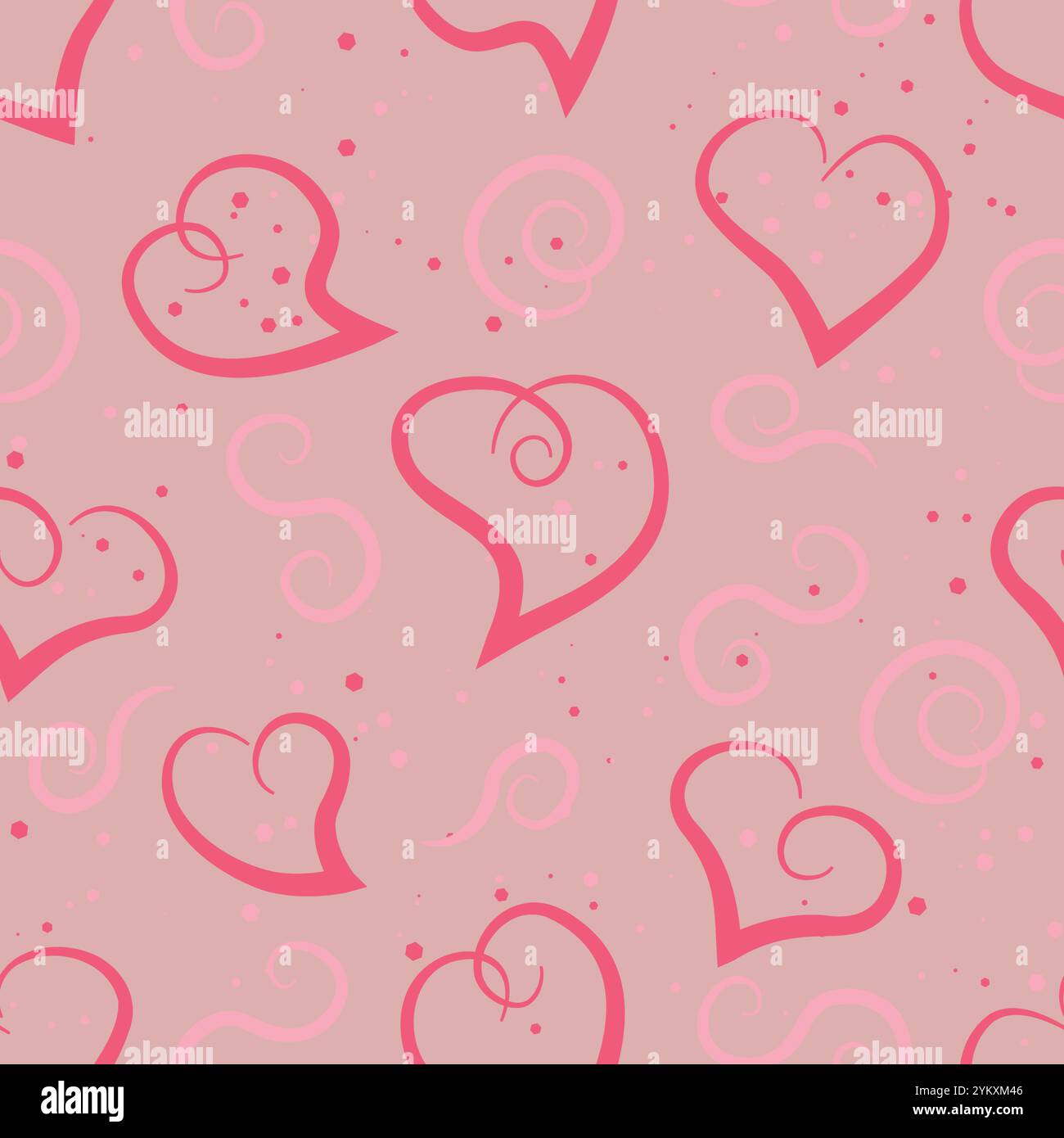Pink hearts and curls on a light pink background, seamless pattern Stock Vector