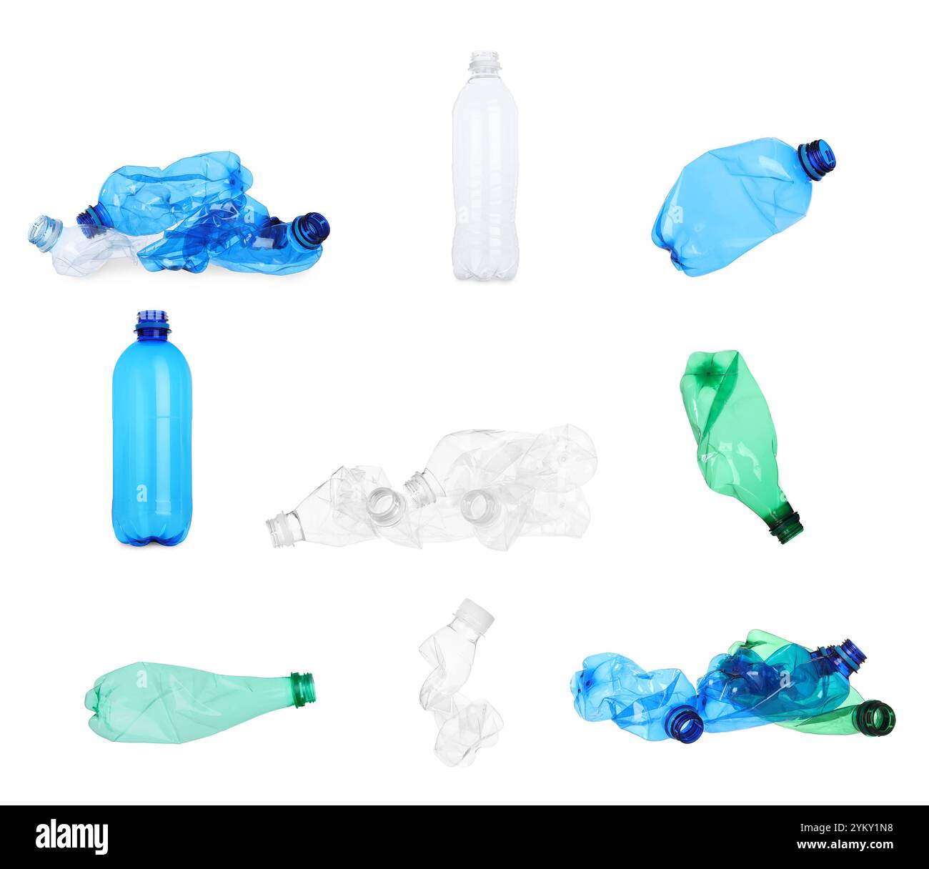 Whole and crumpled plastic bottles on white background, collage Stock ...
