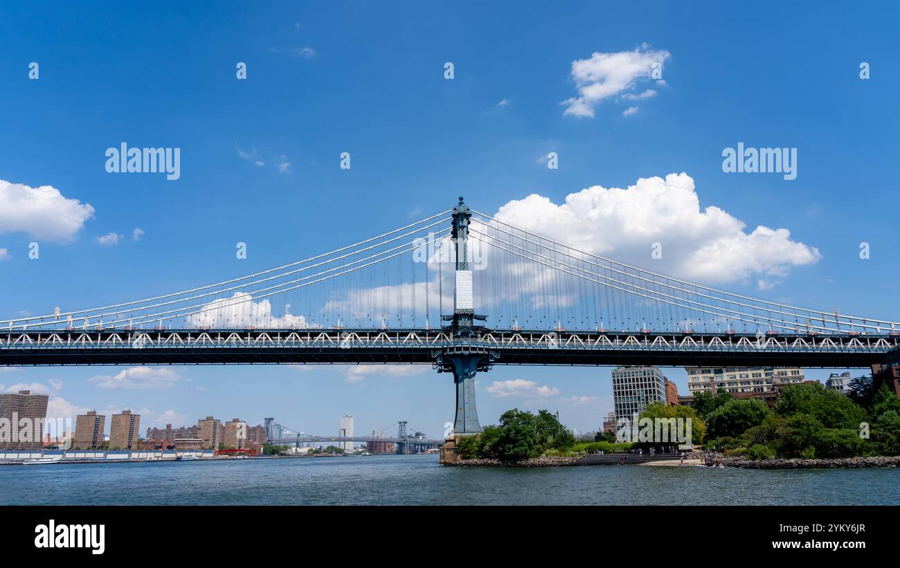 Manhattan Bridge with buildings in background in New York City, NY, USA. Stock Photo