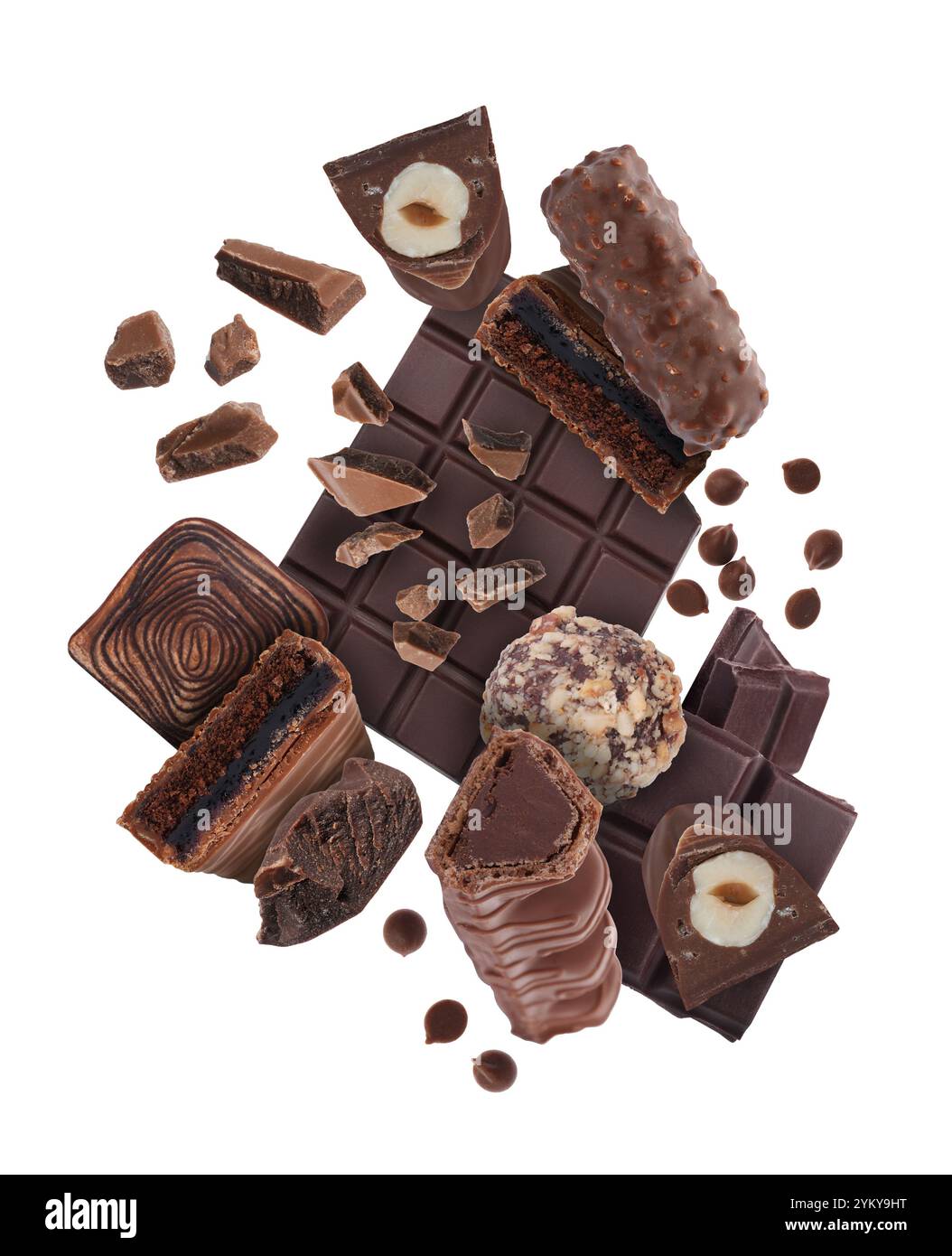 Different chocolate products in air on white background Stock Photo