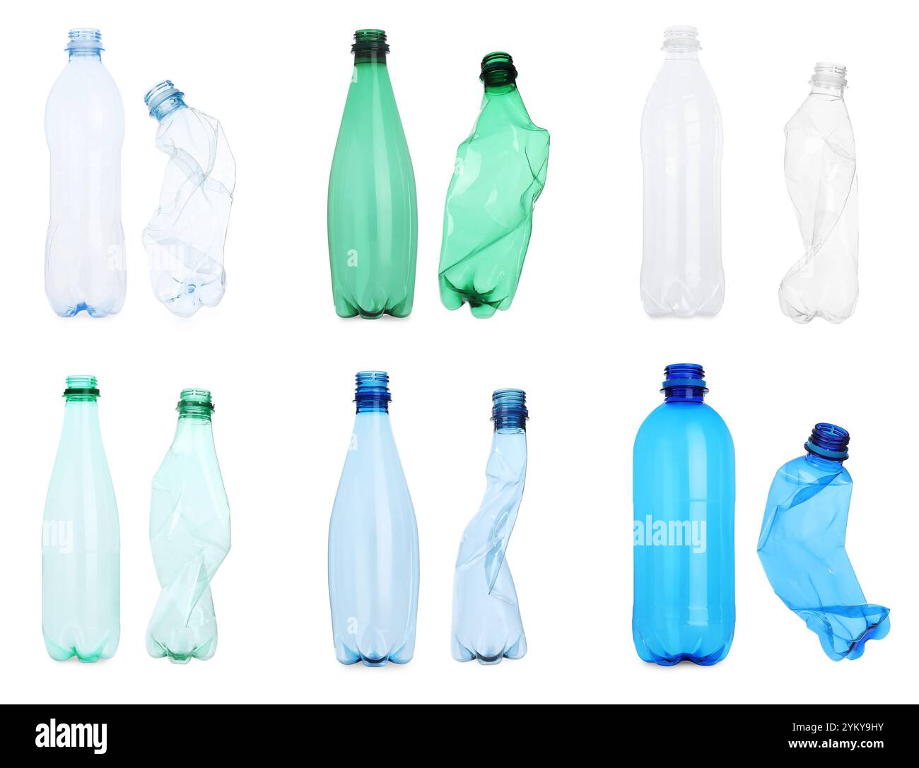 Whole and crumpled plastic bottles on white background, collage Stock ...