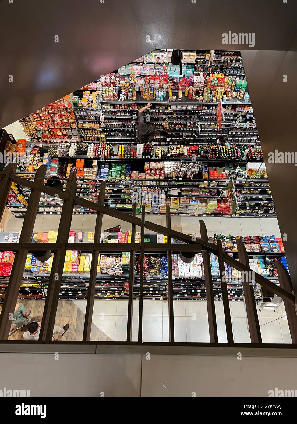 Aerial vertical view of supermarket interior layout with various products goods is accessible to the public to buy. Singapore. - Smartphone Captured Stock Image