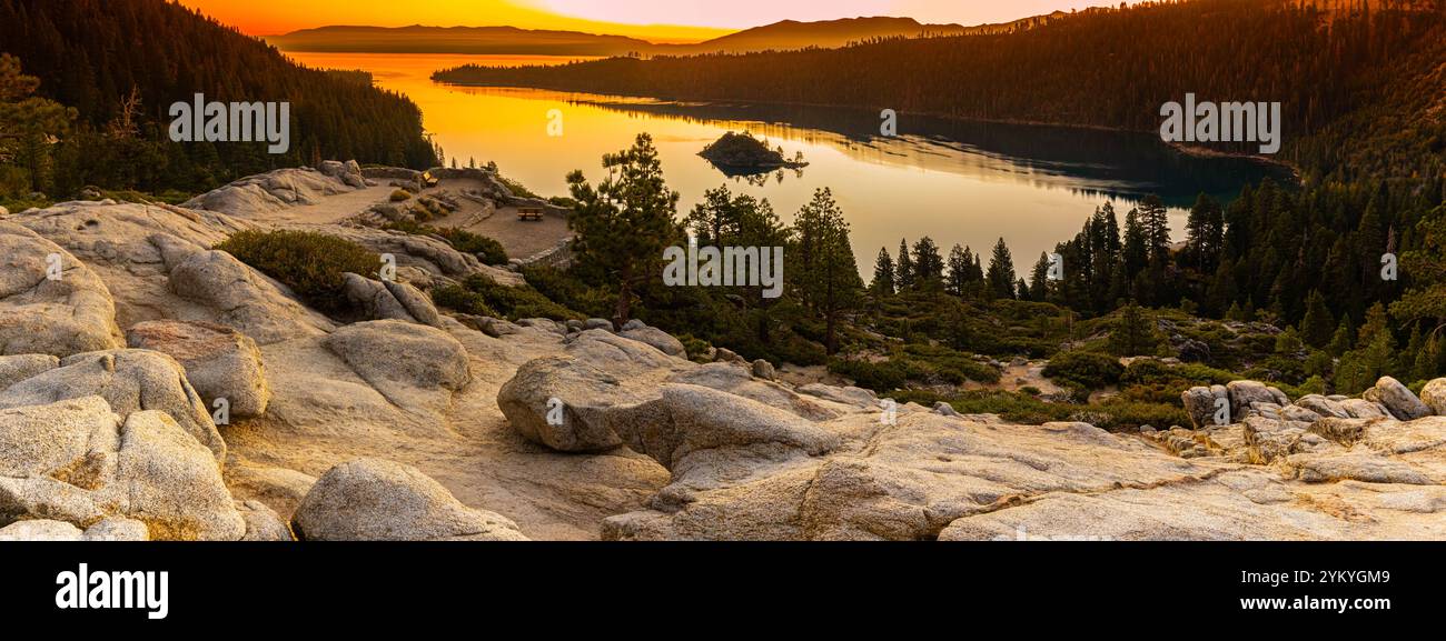 Dawn Over Emerald Bay and Fannette Island, Emerald Bay State Park Lookout, California, USA Stock Photo