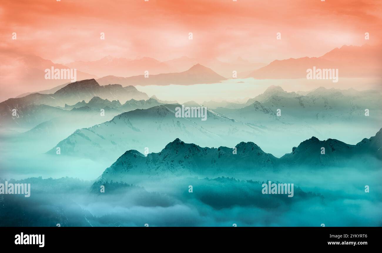 Mountains under mist in the morning Amazing nature scenery form own Country Tourism and travel concept image, Fresh and relax type nature image Stock Photo