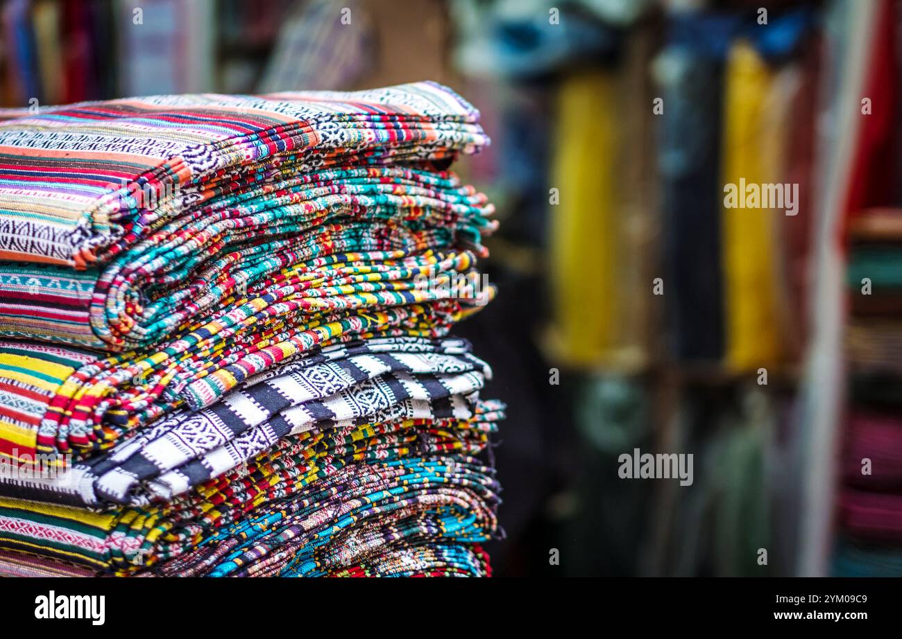 stack of traditionan asian fabric at Nepalese market Stock Photo