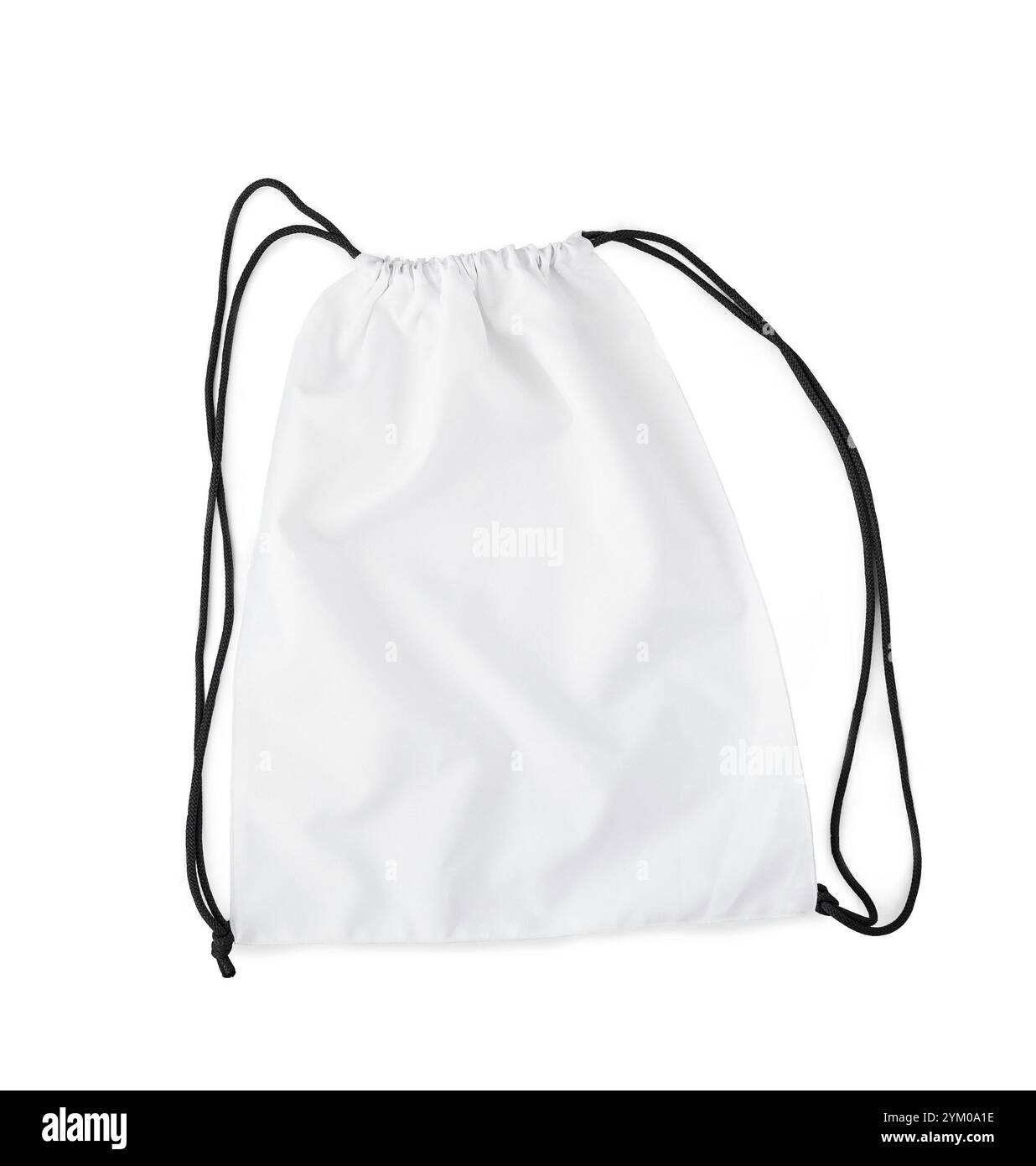 white backpack with black string isolated on a white background Stock Photo