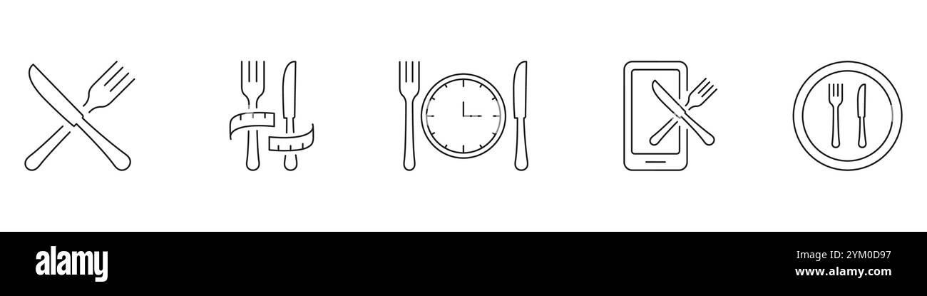 Diet and Meal Management Line Icon Set, Featuring Cutlery, Time, and ...