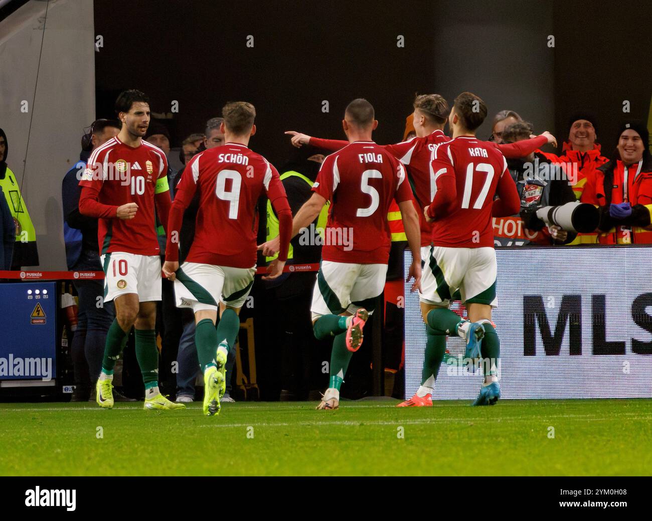 Budapest, Hungary. 19th November, 2024. Dominik Szoboszlai of Hungary celebrates with teammates after scoring a goal during the UEFA Nations League 2024/25 League A Group A3 match between Hungary and Germany at Puskas Arena on November 19, 2024 in Budapest, Hungary. Credit: Laszlo Szirtesi/Alamy Live News Stock Photo