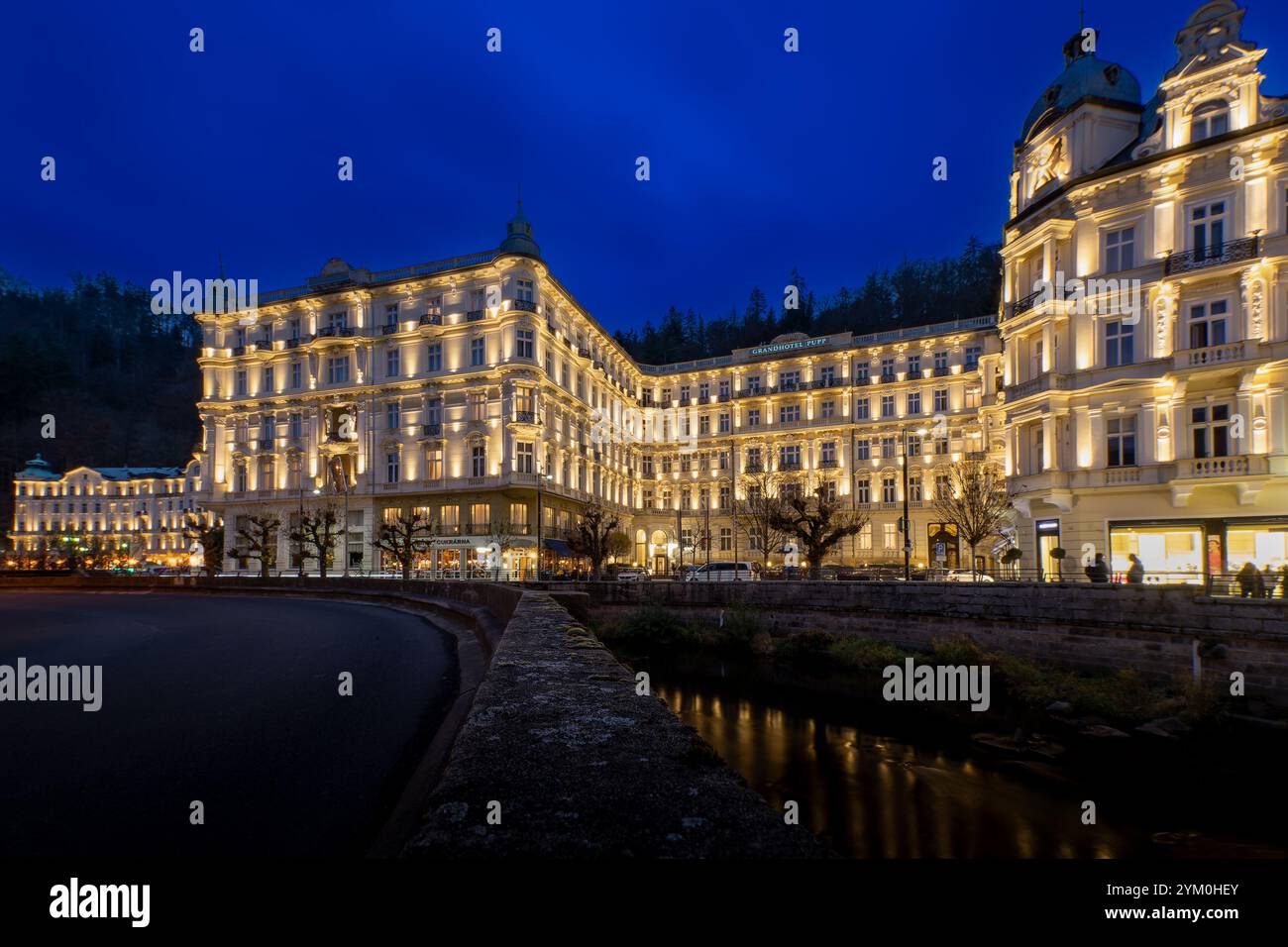 Karlovy Vary, Czech Republic - November 16, 2024: evening photo of spa architecture - Grandhotel Pupp is a hotel in the spa area of Karlovy Vary Stock Photo