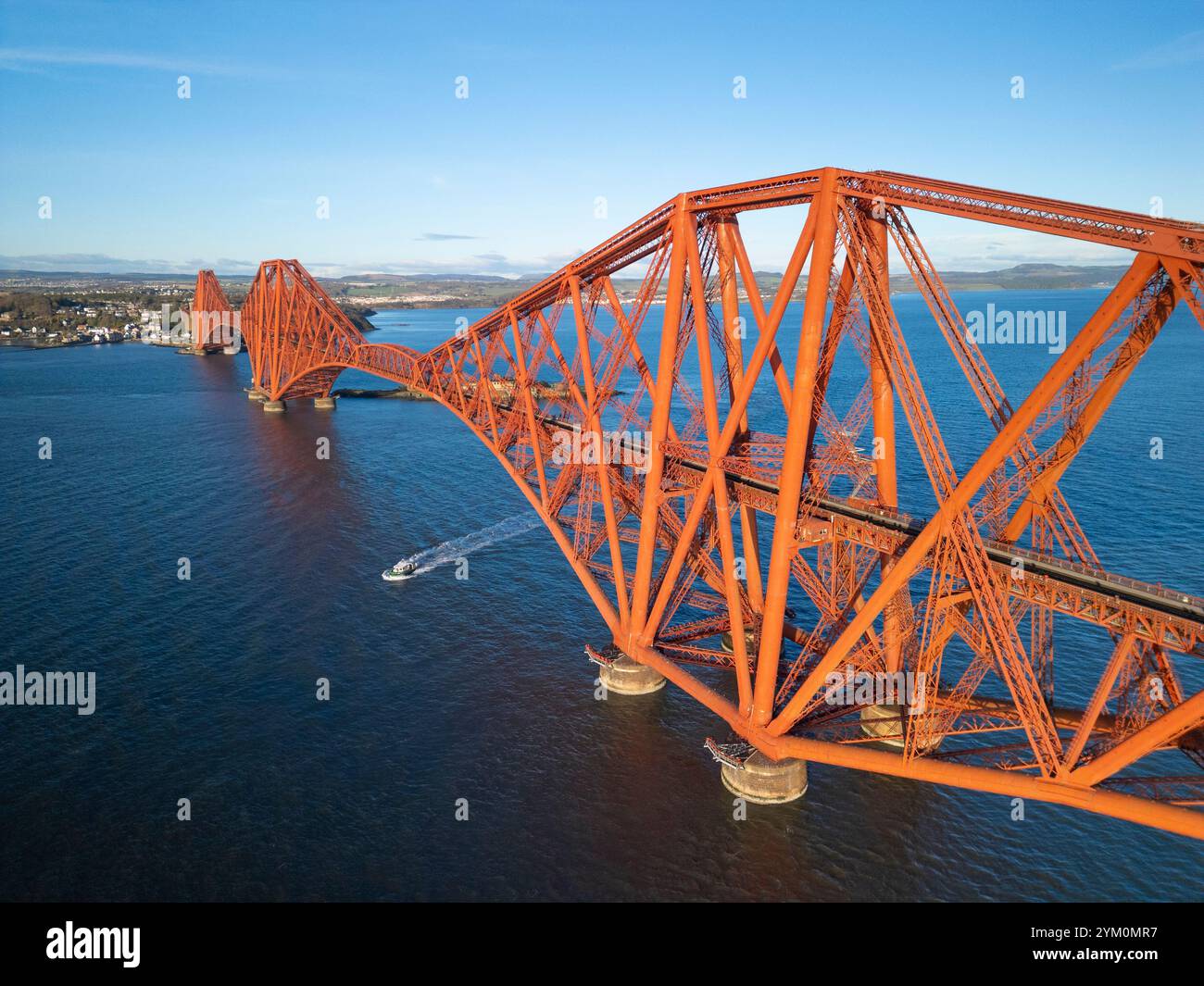 Aerial view from drone of the Forth Bridge (rail bridge) crossing Firth of Forth at North Queensferry, Fife , Scotland UK Stock Photo