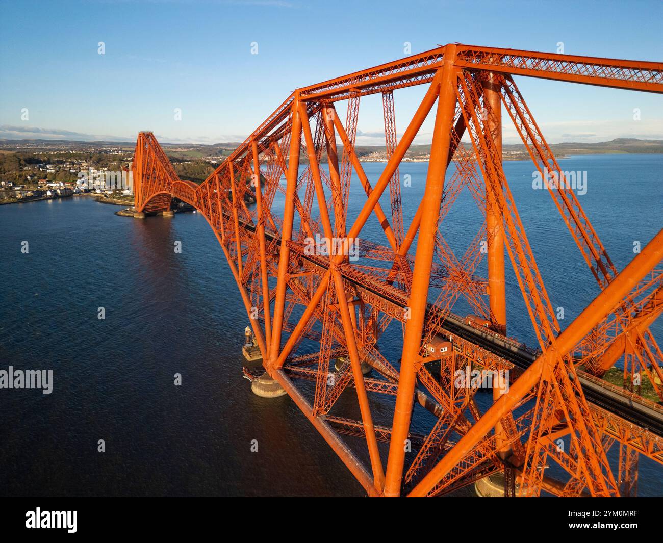 Aerial view from drone of the Forth Bridge (rail bridge) crossing Firth of Forth at North Queensferry, Fife , Scotland UK Stock Photo