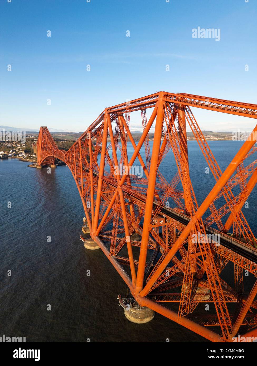Aerial view from drone of the Forth Bridge (rail bridge) crossing Firth of Forth at North Queensferry, Fife , Scotland UK Stock Photo