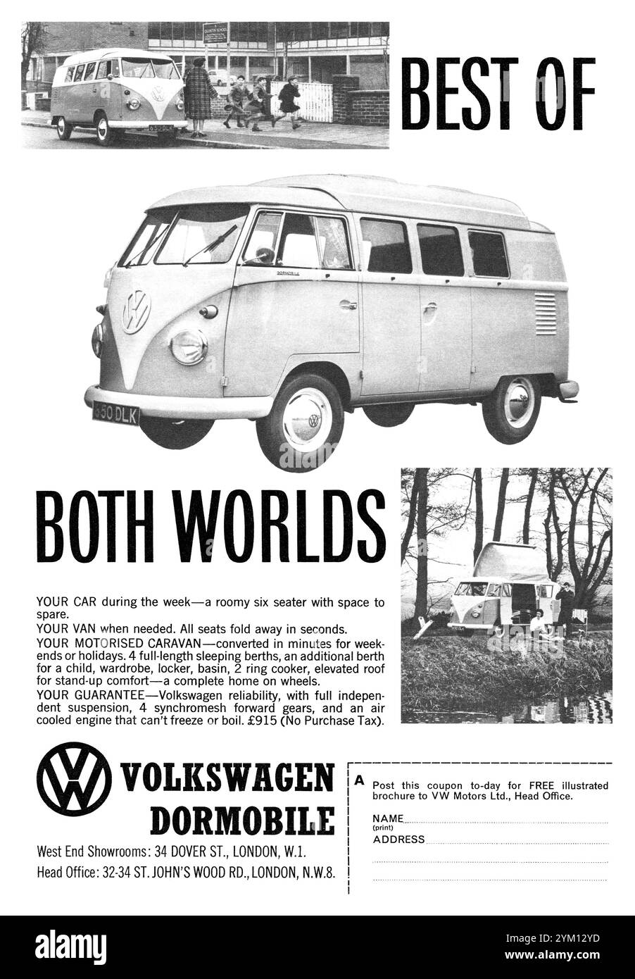 1962 British advertisement for the Volkswagen Dormobile minibus. Stock Photo