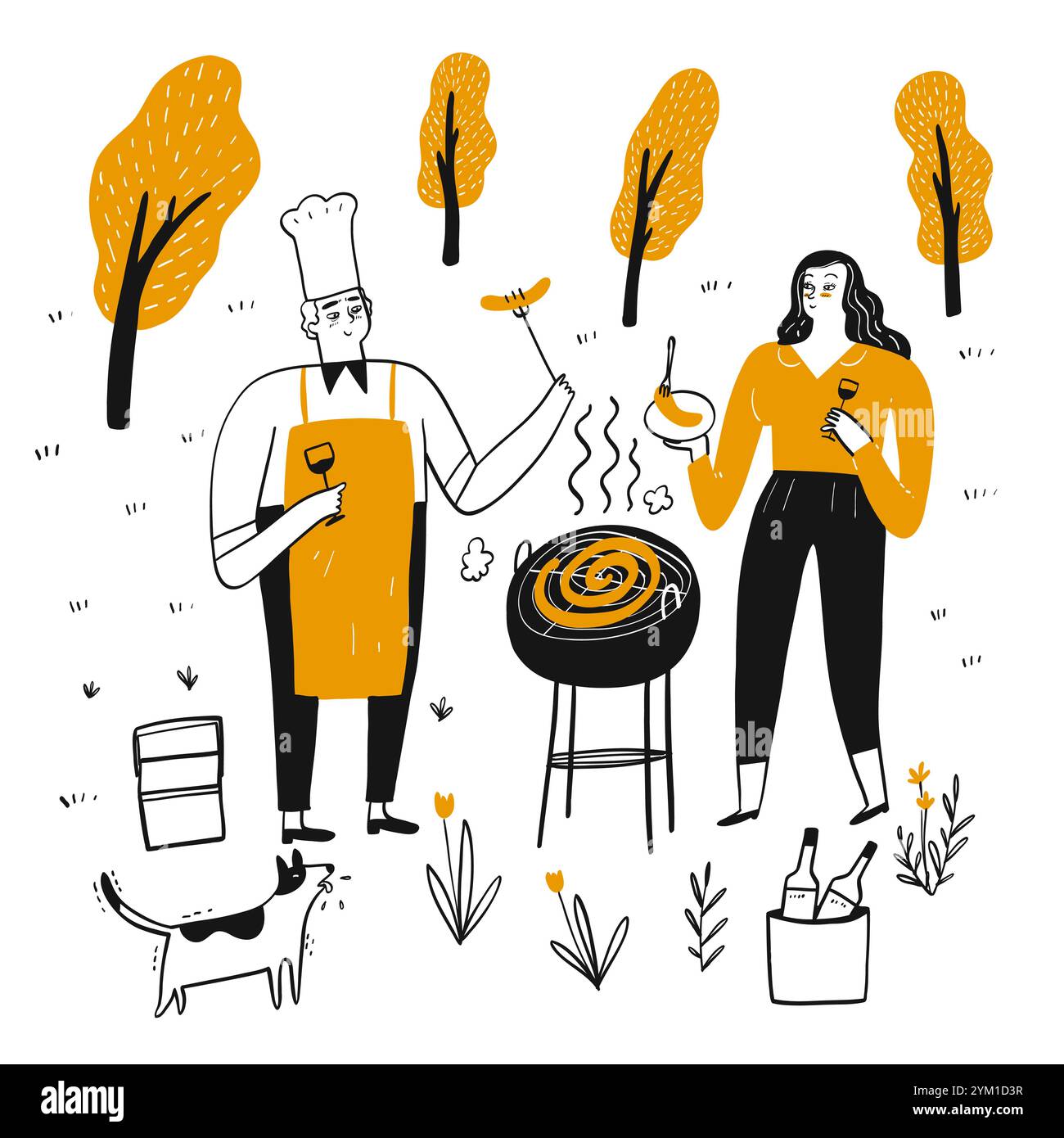 Couples are grilling on a sunny afternoon barbecue.  Hand drawn, Vector Illustration doodle style. Stock Vector