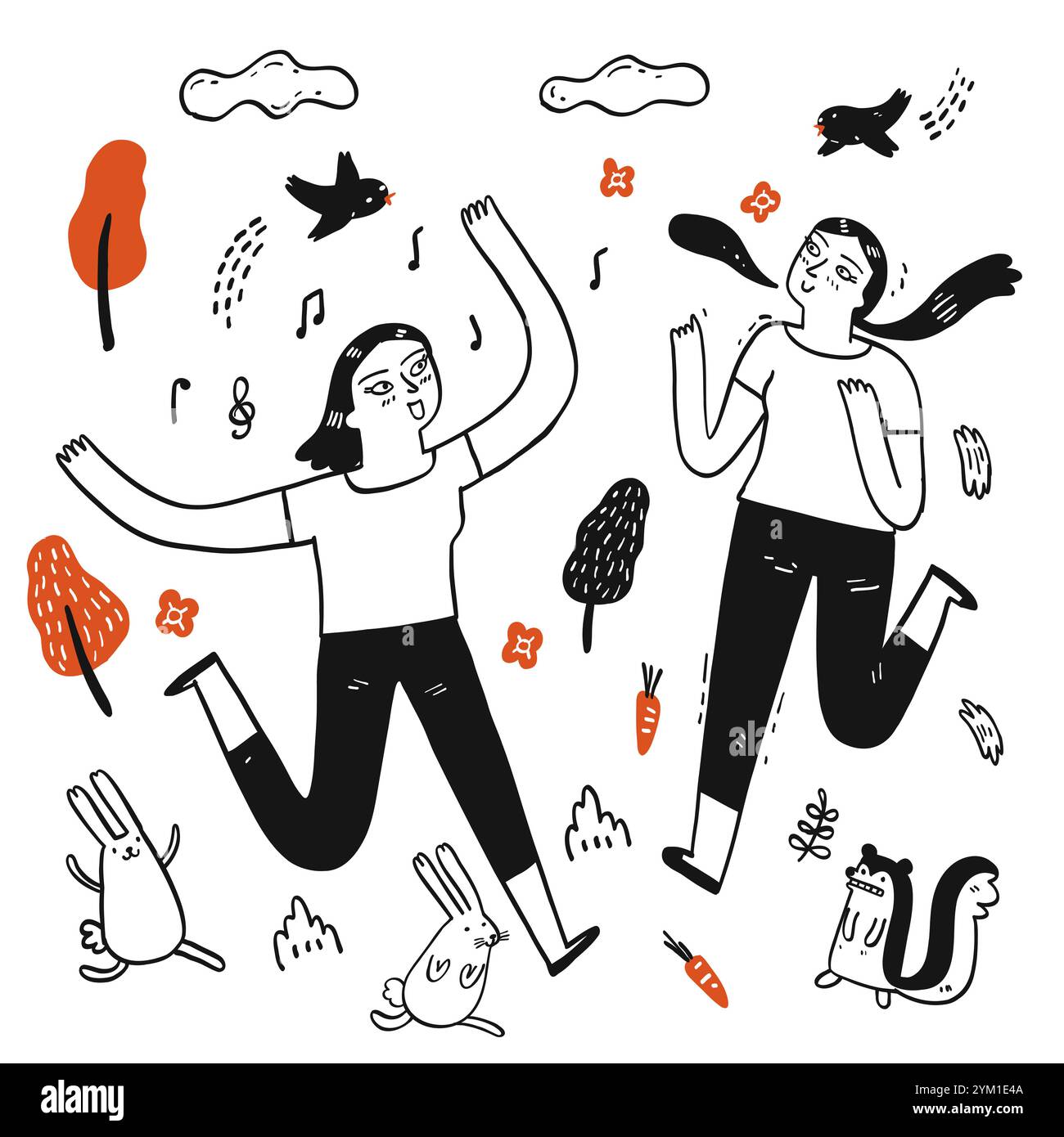 Hand drawn elements Pretty woman and friend are happy, Vector ...